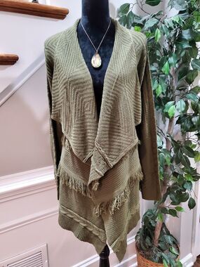 Signature 1 Studio Women Olive Green Acrylic Long Sleeve Open Front Cardigan 1X